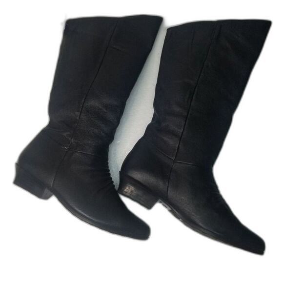 90s Vintage Black Leather Calf High Basic Editions Boots Almond Shape Toe Size 7 - Picture 1 of 6